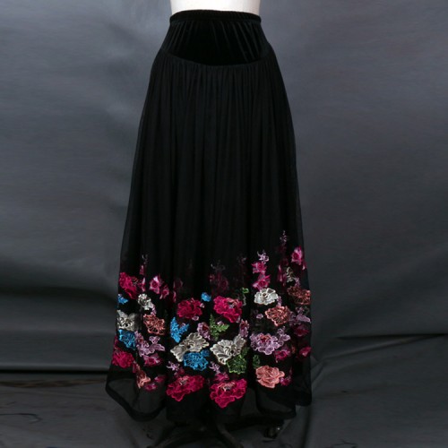 Black embroidery pattern long length competition performance professional flamenco ballroom dance skirts